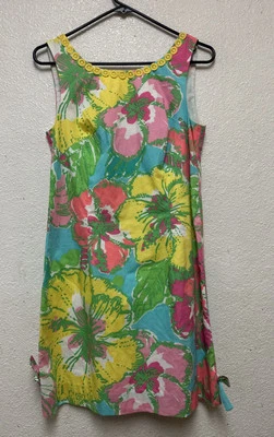 Lilly Pulitzer Delia Shift Dress Shorely Blue Big Flirt Floral Lace Trim Sz 4 - Image 1 of 4