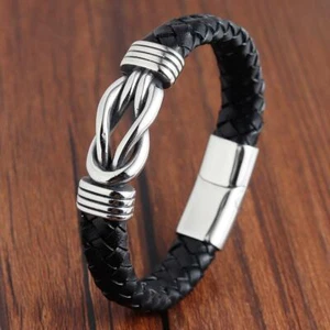 Genuine Leather Bracelet Stainless Steel Wristband for Men Boys Charm. - Picture 1 of 5