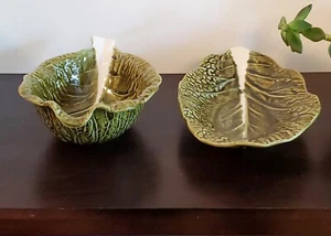 Vtg Secla Portuguese Majolica Cabbage Serving Bowl Dish Set - 2 Pieces 8" and 7" - Picture 1 of 8
