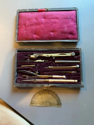 ancien coffret de compas industriel laiton os géométrie rosace dessin vintage - Photo 1/3