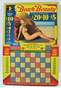 Vintage Beach Beauty Girl Lge Colorful 5 Ct Punch Board Gambling Unused Old - Picture 1 of 2