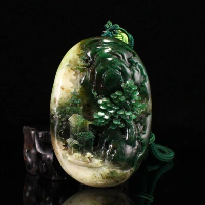 Chinese Natural Dushan Jade Carved Mountain River Scene Pendant - Image 1 of 4