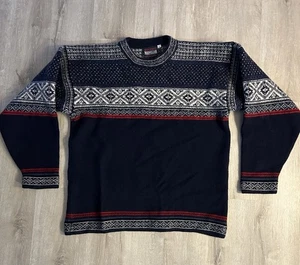 Norwegian Designs 100% Wool Navy Crew Neck Pullover Sweater w/Nordic Print Large - Picture 1 of 12