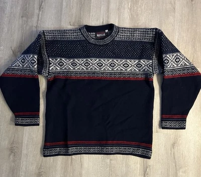 Norwegian Designs 100% Wool Navy Crew Neck Pullover Sweater w/Nordic Print Large - Image 1 of 4
