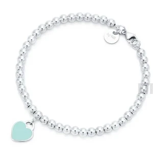 Pulsera Tiffany & Co. Plata Esterlina Azul Corazón Etiqueta Esmalte Cuentas Talla 8.5 - Imagen 1 de 5