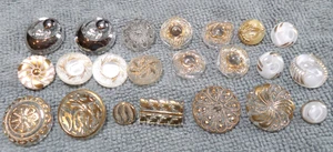 22 Vintage Antique Glass Buttons CLEAR WHITE with SILVER & GOLD LUSTER TRIM - Picture 1 of 14