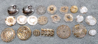 22 Vintage Antique Glass Buttons CLEAR WHITE with SILVER & GOLD LUSTER TRIM - Image 1 of 4