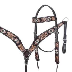 Genuine Leather Tack Floral Tooled Beeded Headstall Bridle & Breast Collar Set - Picture 1 of 6