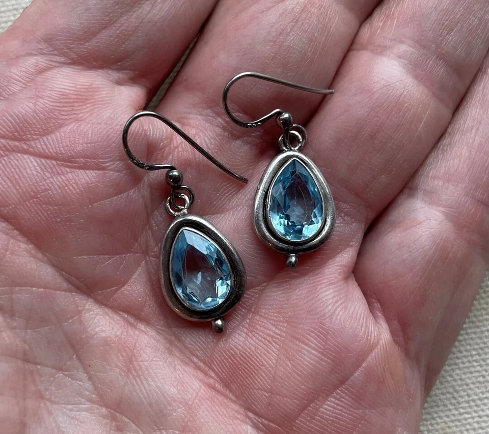 Modernist Dangle Earrings Teardrop Caviar Blue Topaz Artisan Sterling 1.25" - Image 1 of 4