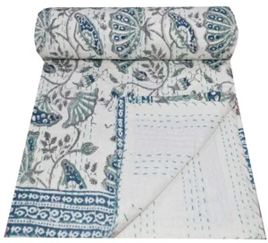 Indian Hand Block Print Cotton Kantha Quilt Throw Blanket Bedspread King Gudari - Picture 1 of 5