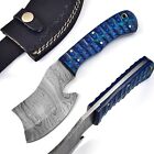 Mini Cleaver Knife Blue Frost Wood Grip Handle Damascus Steel Hand Forged
