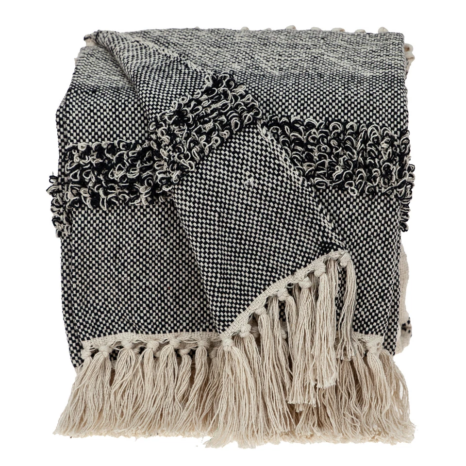 Boho Beige and Black Handloom Weave Throw with Decorative Tassels - Image 1 of 4
