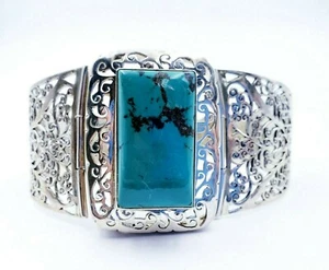Sterling Silver 925 Antique Style Turquoise Openwork Floral Statement Bracelet   - Picture 1 of 4