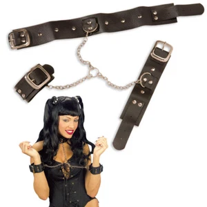 Nieten Halsband & Handschellen mit Kette / Lederlook Fesseln Fessel Kostüm Party - Bild 1 von 3