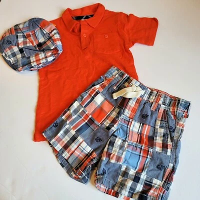 Gymboree Boys 2T Fresh Catch Patchwork Plaid Shorts Tee Hat Set NWT Nautical  — 第 1/4 张图片