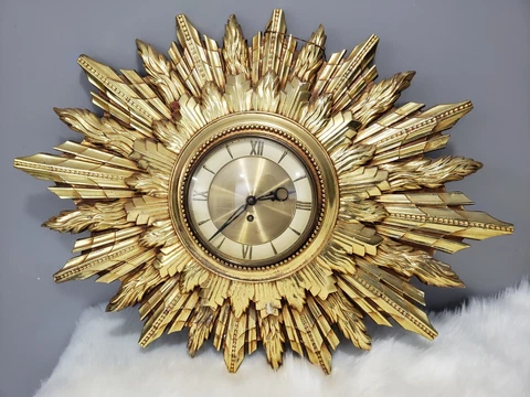 LARGE Vintage MCM Welby Gold Starburst Wall Clock 60s Atomic Starburst 8 day Cover
