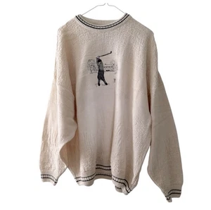 Vtg Men Cream Golf Grandpa Sweater Size XL Arnold Palmer Baggy Knit Crew Neck - Picture 1 of 13