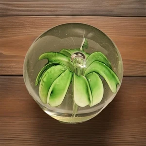 Vintage Art Glass Paperweight Green Flower Hand Blown 2.5" - Picture 1 of 7