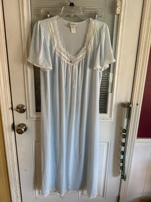 Vintage ADONNA Gown Lingerie Blue White Lace Satin Nylon Nightgown Retro Sz L - Image 1 of 4