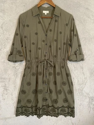 Maison Jules Shirt Dress Women Sz L Olive Floral Embroidered Eyelet Button Front - Image 1 of 4