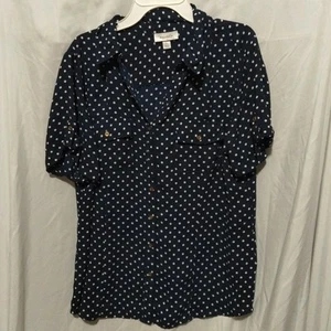 Dressbarn Button Down Women's Size L Blue With White Polka Dots - Picture 1 of 8