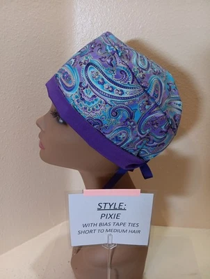 Paisley Purple Pixie Skull Women's Surgical Scrub Hat/Cap Handmade - Image 1 of 4