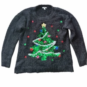 Suéter Feo Lentejuelas Difusas Árbol de Navidad Negro Talla Mediana - Imagen 1 de 5