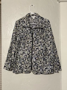CJ Banks Jacket Zip-Up Jacket Blouse Drawstring Collar Size 1X Blue,Tan White - Picture 1 of 4
