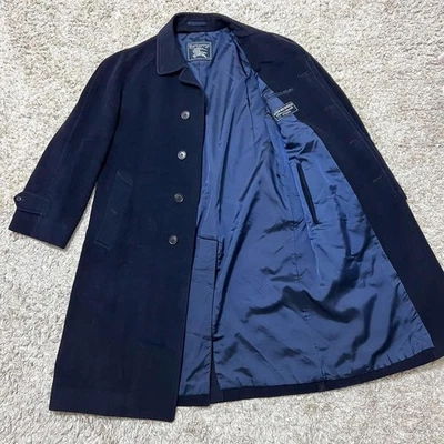 BURBERRYS Balmacaan Long Coat Navy Blue Wool Cashmere Men's Hidden Button Front - Image 1 of 4