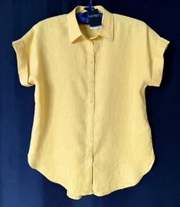 Top donna Lauren Ralph Lauren giallo con colletto e bottoni in lino taglia PS $99,50 - Foto 1 di 7