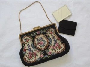 Vintage alte Clutch / Handtasche Gobelin- schwarz- Blumen-Stickerei - NEUWERTIG - Bild 1 von 17