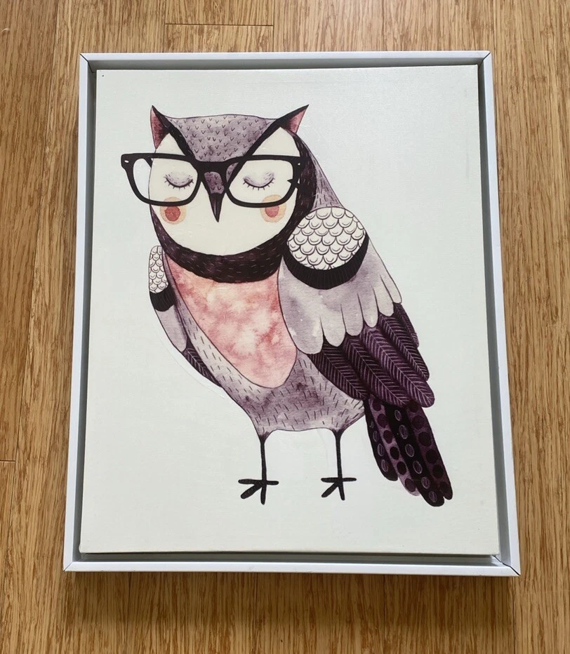 Folk Art Owl With Glasses Acrylic 60's 70's Whimsical 24 x 18 Stretched Canvas - Image 1 of 4