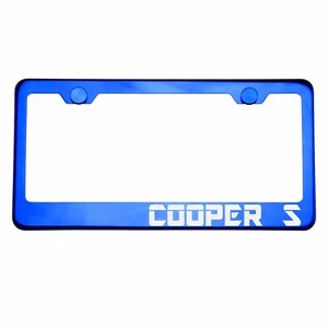 Blue Chrome License Plate Frame COOPER S Laser Etched Metal Screw Cap - Picture 1 of 8