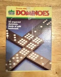 1987 Pavilion 55 ENGRAVED SOLID WOOD DOUBLE NINE DOMINOES made by CARDINAL INC, - Picture 1 of 6