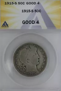 1915-S .50 ANACS G 4 Barber Half Dollar, Liberty Head Half, 50 Cents - Picture 1 of 2