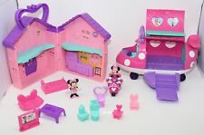 Lot 13 Minnie Mouse Playset Toys Bowtique Polka Dot Jet Salon Doll House Moped