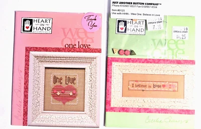 2x Heart in Hand "Wee Love” Cross Stitch Charts, ONE w/ Button Lot - Image 1 of 4