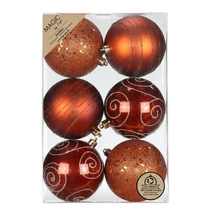 6 Weihnachtskugeln Kunststoff 8cm bruchsicher & mit Glitzer Muster Kupfer - Bild 1 von 1