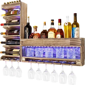 Portabottiglie Con Luce LED Pallet in Legno Fiammato, Bar a Parete Con Porta Sug - Foto 1 di 12
