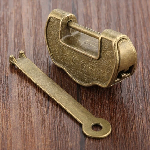 Antique Bronze Carved Word Padlock & Key Dollhouse Chest Jewelry Box Hardware Cover