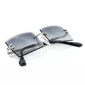 Dark Gray Tint Rimless Rectangle Silver Frame Retro Shades Mens Sunglasses - Picture 1 of 5