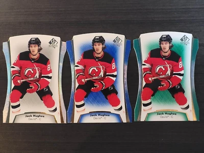 2021-22 UD SP AUTHENTIC Jack Hughes lot of 3 Die Cut #DC24 Regular, Blue & Green - Image 1 of 4