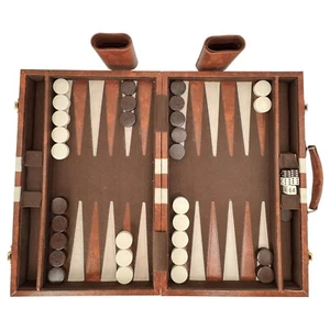 Juego Backgammon Extra Grande Marrón Blanco Cuadros Cuero sintético Estuche Completo - Imagen 1 de 9