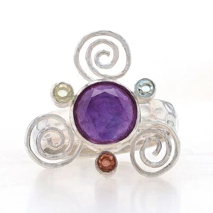 NEW Multi-Gemstone Swirl Ring - Sterling Silver Chunky Cocktail Women's Size 8 - Picture 1 of 11