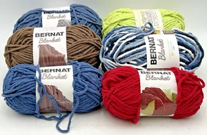 (6) SKEINS BERNAT BLANKET YARN MIXED LOT- BLUES, TAUPE, CRANBERRY, LEMON LIME - Picture 1 of 18