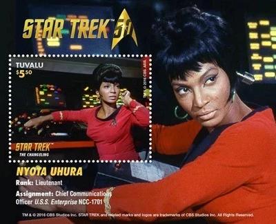 Hoja de estampillas de recuerdo Tuvalu 2016 Star Trek Nyota Uhura Scott #1372 MNH grado gema Foto 1 de 2