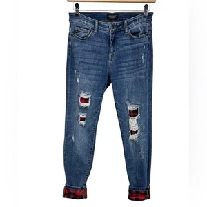 Judy Blue Skinny Fit Jeans Distressed with Red Black Plaid Lined 9/29 - Picture 1 of 9