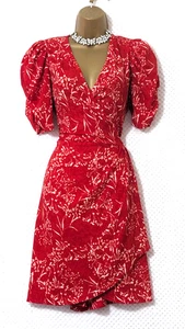 NEXT Red White Floral Faux Wrap Dress Sz 14-16 V-Neck Short Puff Sleeves Summer - Picture 1 of 9