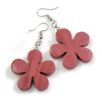 Pink Wood Flower Drop Earrings - 60mm L - Image 1 of 4