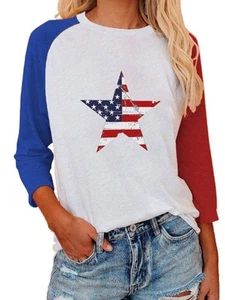 Womens 3/4 Sleeve Raglan Shirt USA Flag Stars Printed Plus Size July 4th Tops... - Picture 1 of 4